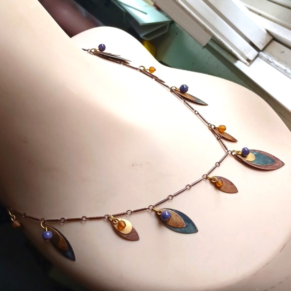 Mixed Metals Gemstone Amethyst Citrine Beads  Leaf/Feather Shapes Necklace